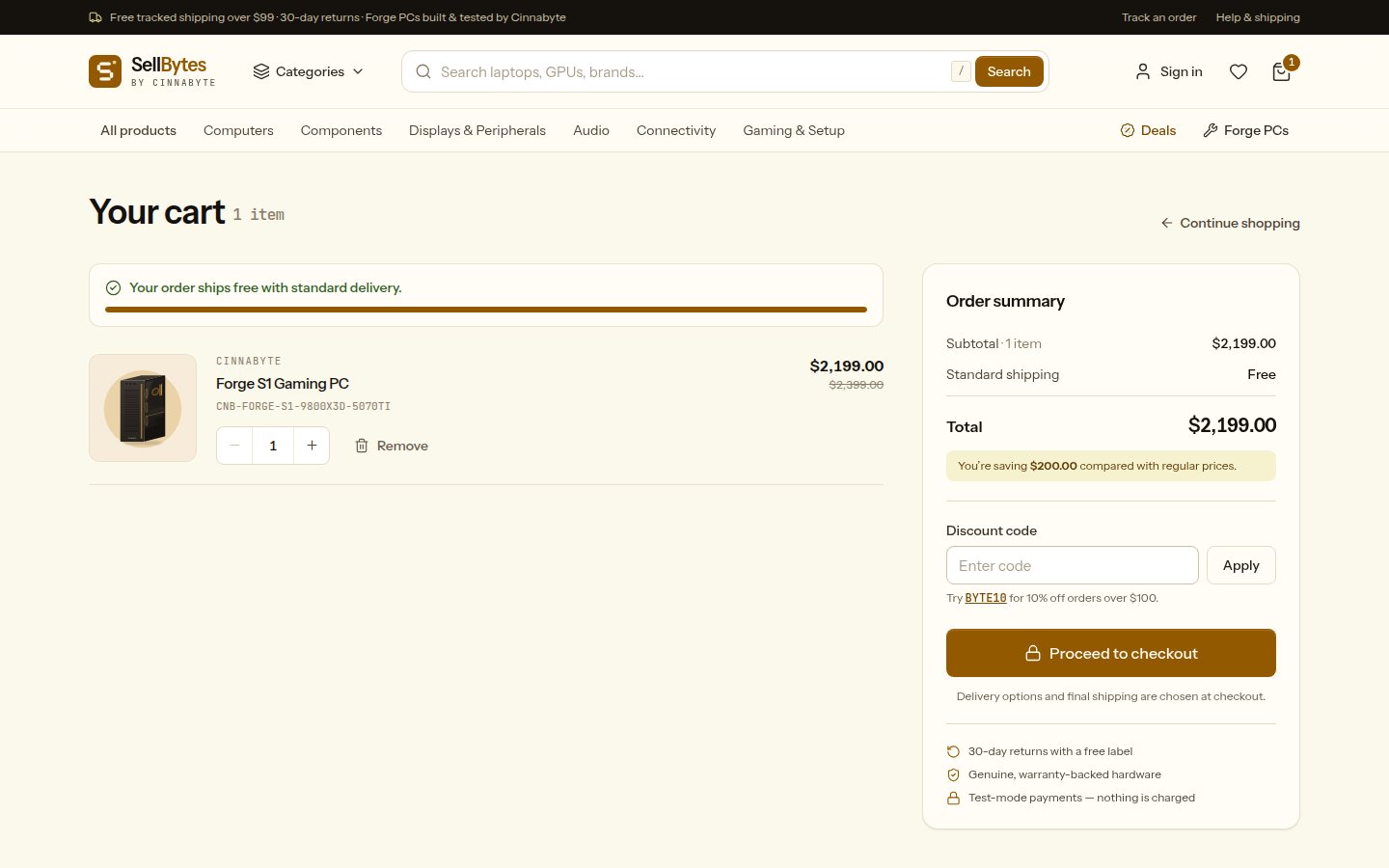 The SellBytes cart with quantity controls, a free-shipping progress bar, an order summary and a discount code field.