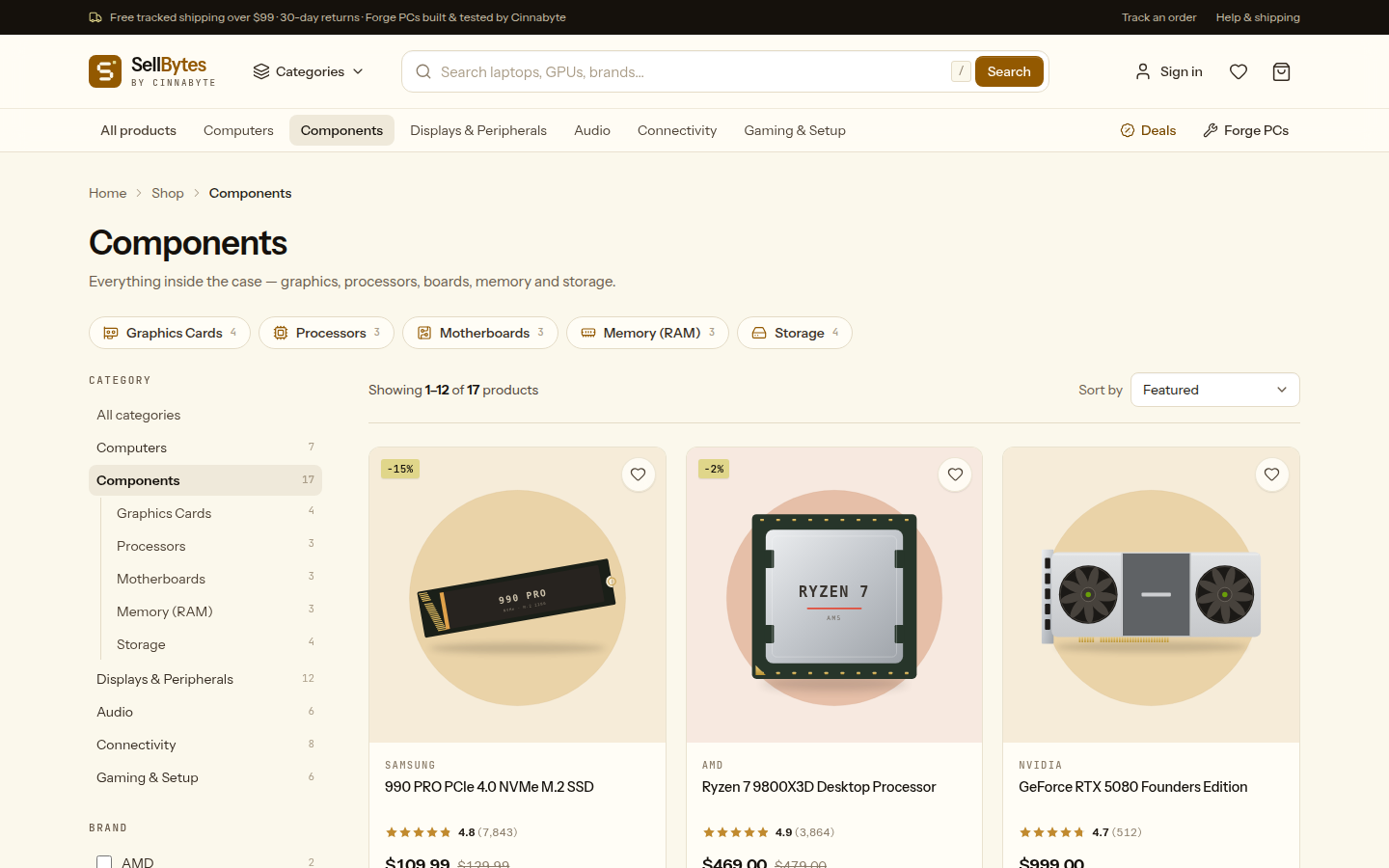 The SellBytes catalog with a category tree, brand filters, sorting and product cards.