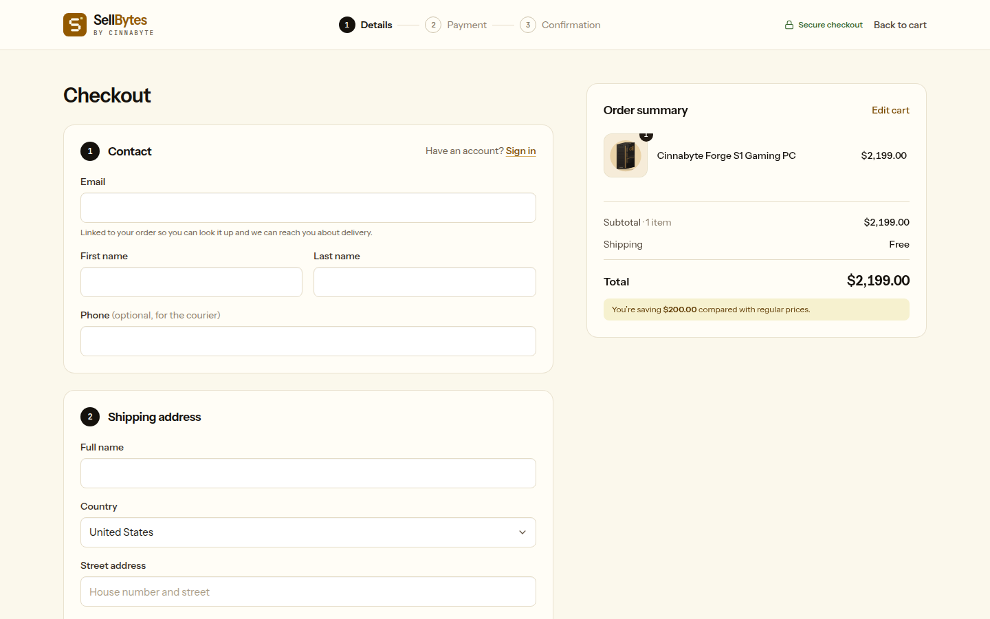 The SellBytes checkout details step with contact and shipping forms and an order summary.