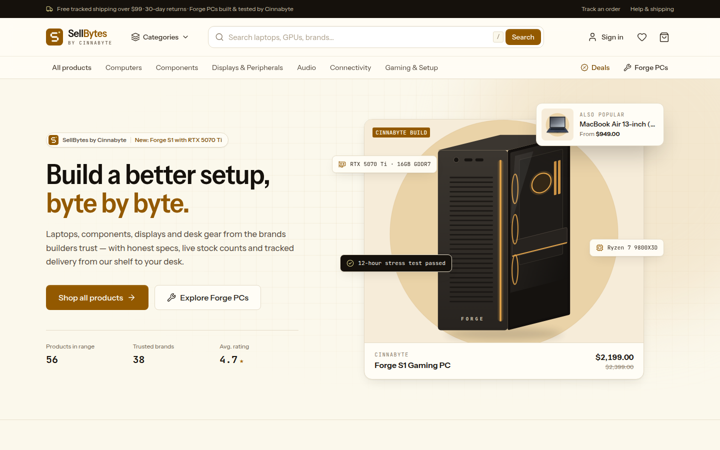 The SellBytes storefront home page with a hero headline, product search and a featured gaming PC.