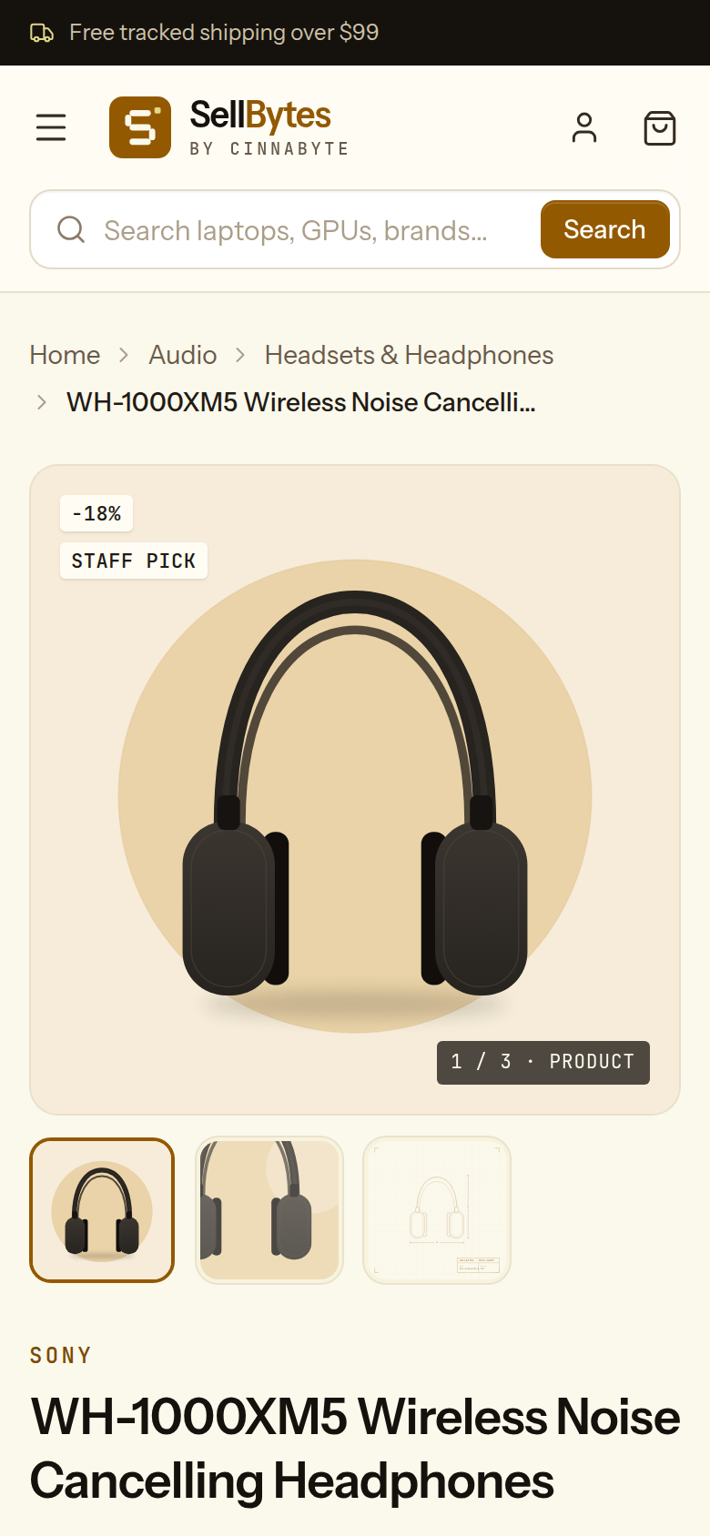 A SellBytes product page at phone width with a compact header, search and image gallery.