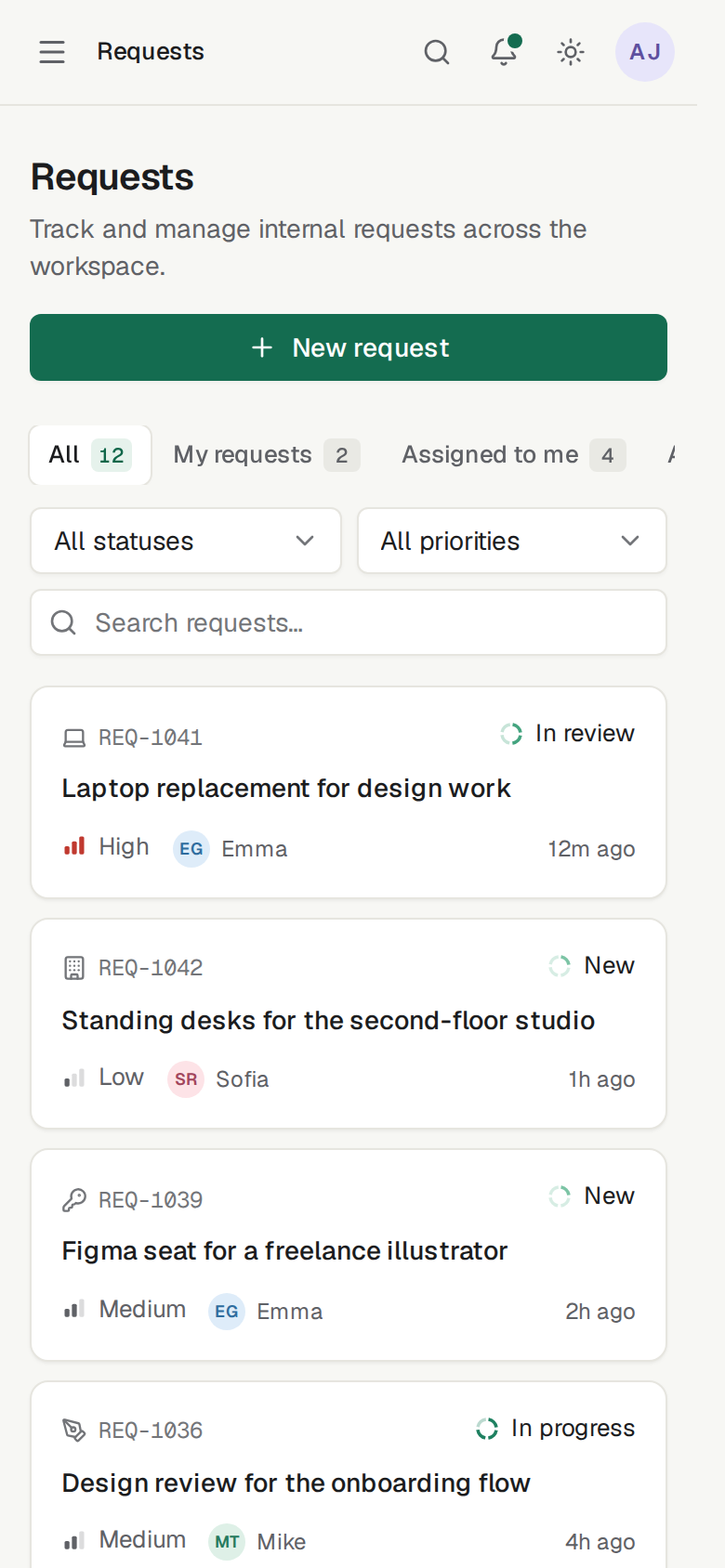 The CinnabyteHQ requests list at phone width, with view tabs, filters and request cards.