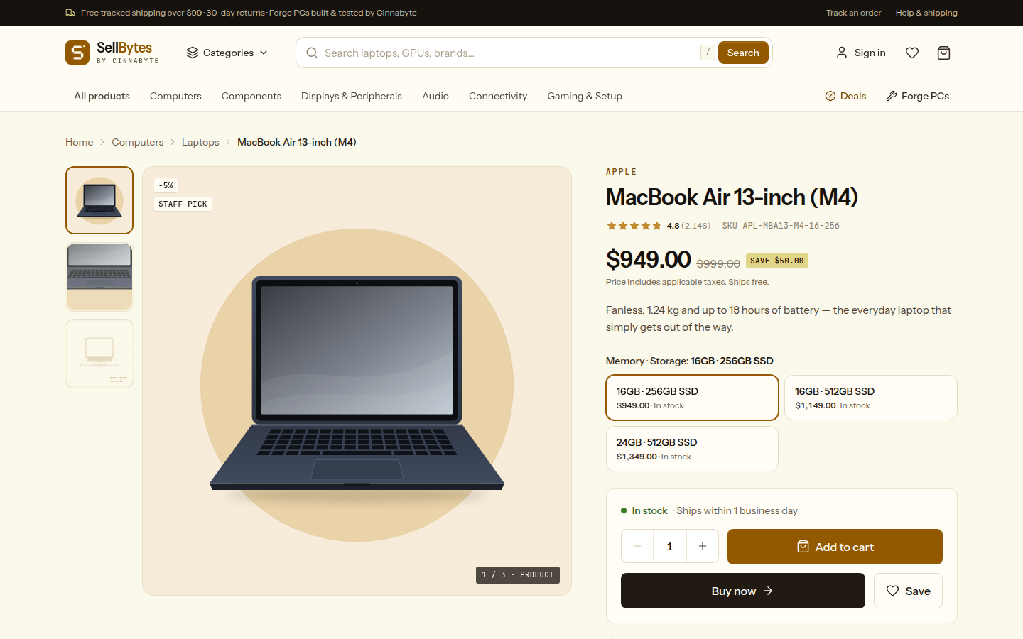 A SellBytes product page with an image gallery, variant picker, stock status and add-to-cart actions.
