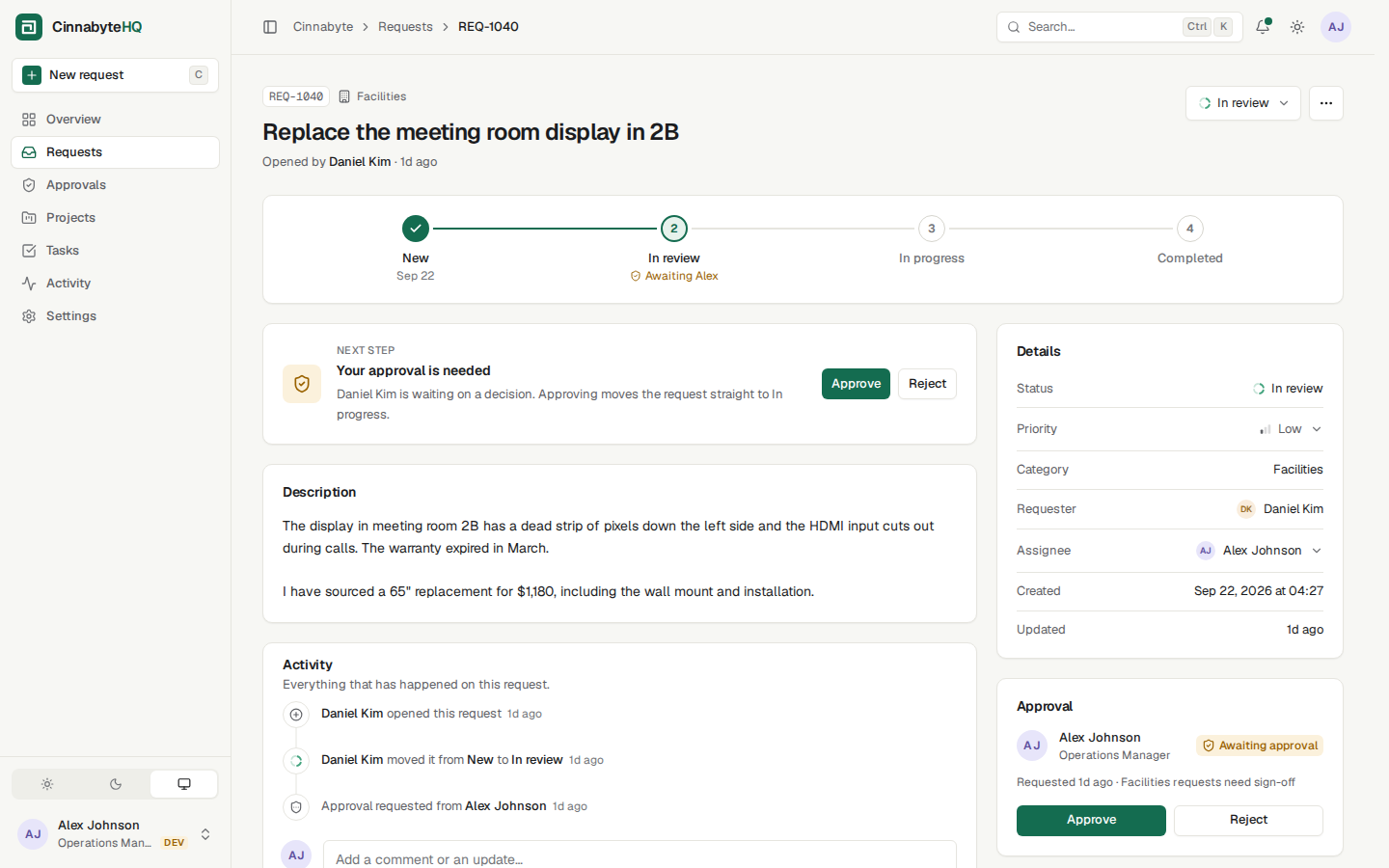 A CinnabyteHQ request detail page showing the workflow stepper, the next-step approval card and the activity timeline.